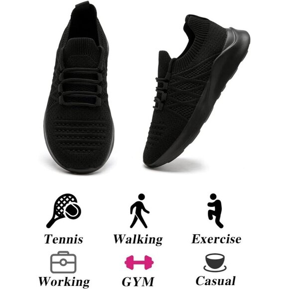 Womens Running Shoes Walking Tennis Sneakers Slip on Gym Workout Black Mesh - Picture 6 of 6